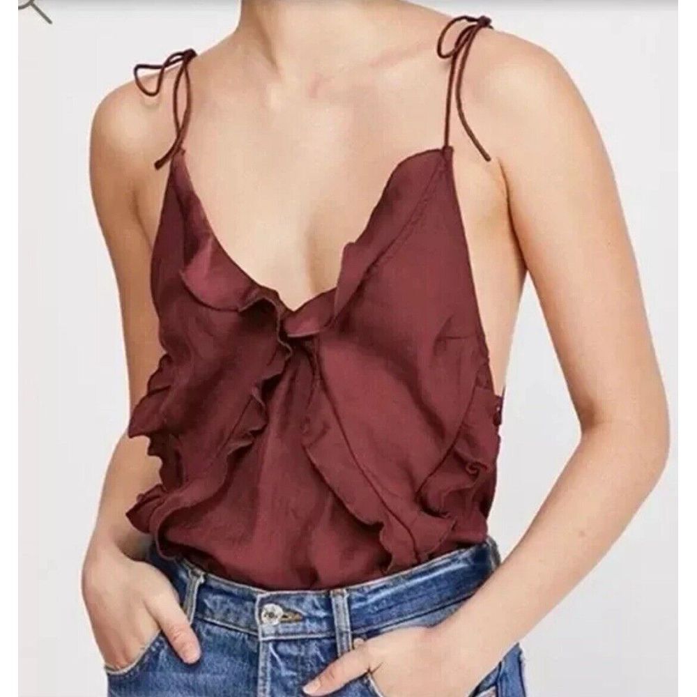 Free People Burgundy Ruffle Tie-Shoulder Camisole